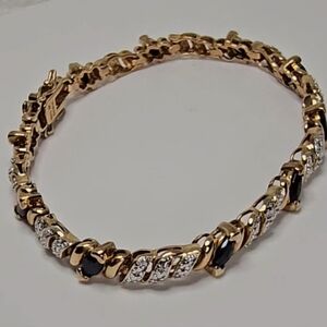 925 Gold Vermeil bracelet pavé-set diamonds marquise sapphires 7 Inches